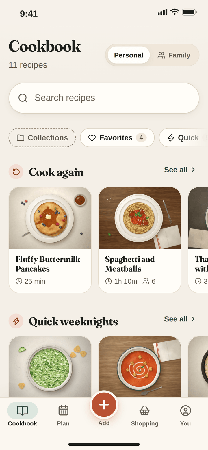 The LinkDish cookbook on a phone: saved recipes with their photos in Cook again and Quick weeknights rows, with Favorites and Collections filters and the bottom tab bar.
