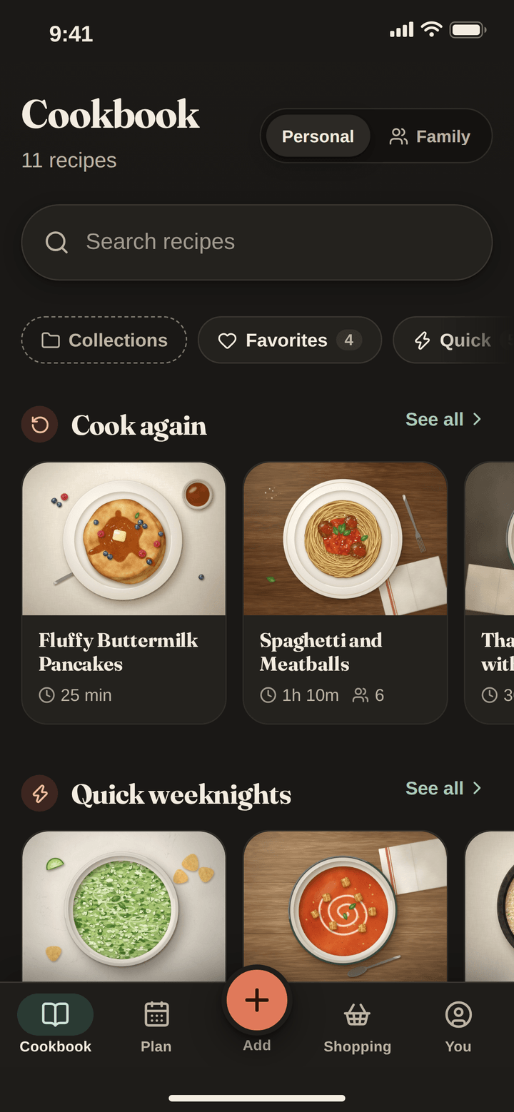 The LinkDish cookbook in dark mode: warm charcoal screens with the recipe photos and cream text