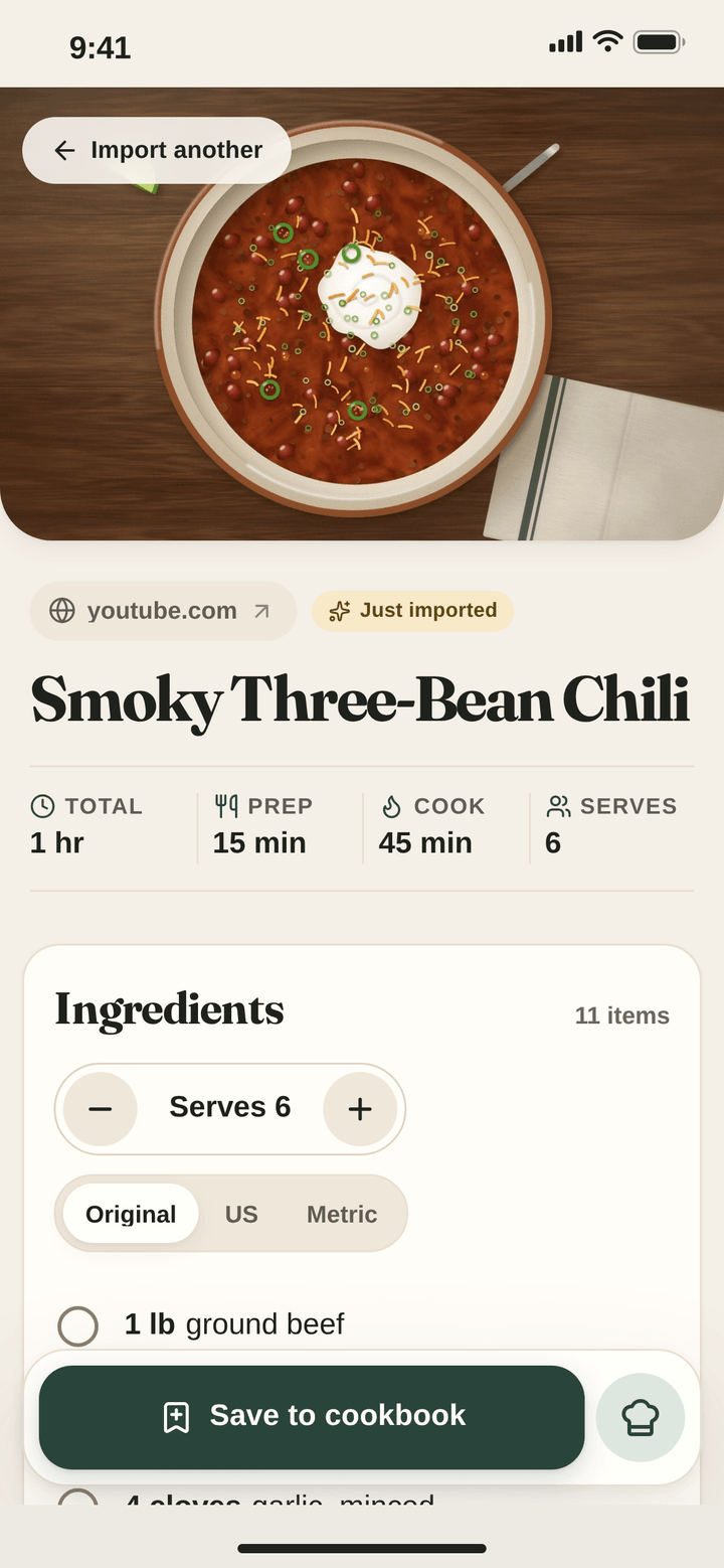 A recipe just imported from a YouTube video in LinkDish: Smoky Three-Bean Chili with its photo, the youtube.com source, times, servings and ingredients, and a Save to cookbook button