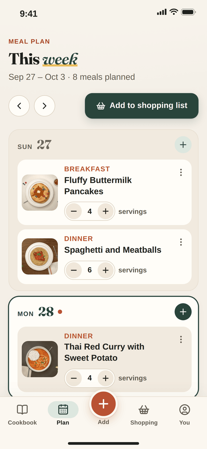 The LinkDish meal plan for this week: pancakes and spaghetti on Sunday and Thai red curry on Monday, each with its photo and servings, under an Add to shopping list button