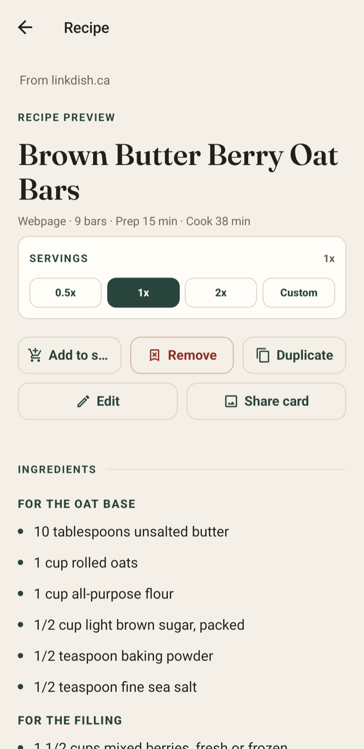 A recipe imported from a website into LinkDish