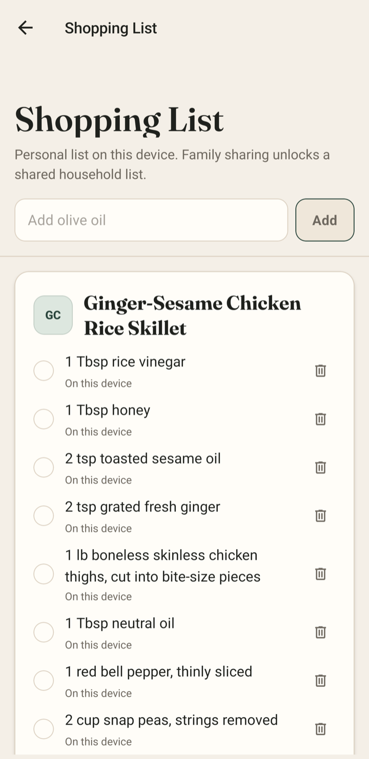 LinkDish recipe shopping list